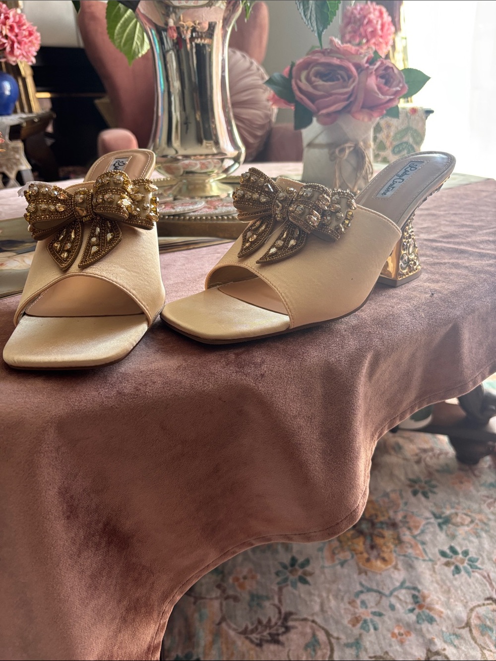 Embellished Cream Satin Bow Slide Mules